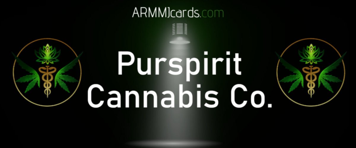 Purspirit Cannabis Co on black background with spot light and ar mmj cards logos