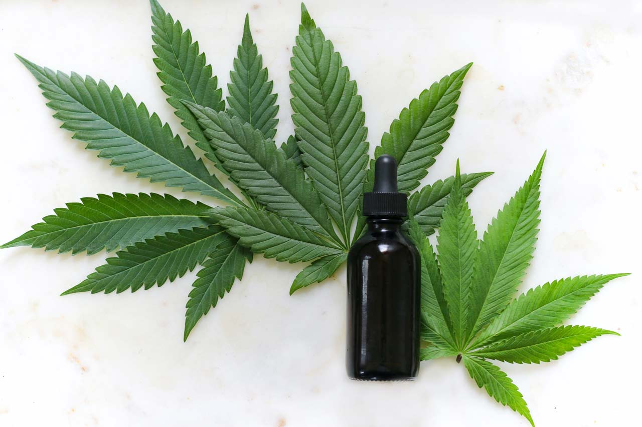 A small amber dropper bottle resting on fresh green cannabis leaves, representing a natural cannabis oil treatment.