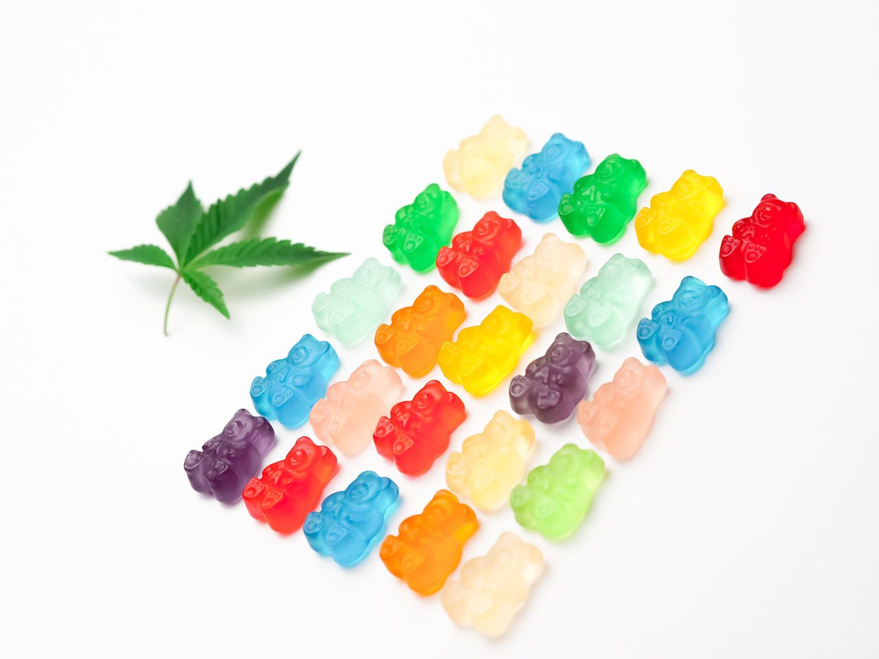 Cannabis gummies next to a hemp leaf