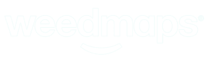 The official typography logo for "weedmaps" rendered in solid white, lowercase sans-serif font featuring a curved smile underline accent beneath the middle letters, set against a pale grey background.