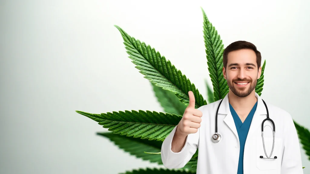 Smiling medical marijuana doctor in Florida giving a thumbs up with cannabis leaves in the background.