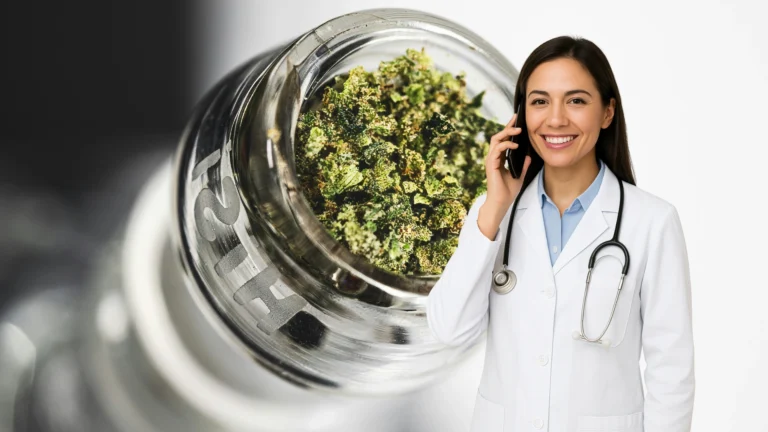 Medical Marijuana Doctor in Fort Lauderdale smiling while talking on the phone beside cannabis buds in a jar.