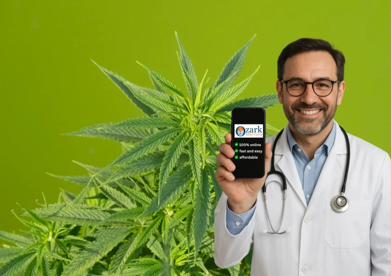 Medical marijuana doctor holding phone with Ozark MMJ Cards logo, showing how to qualify for medical marijuana in Florida.