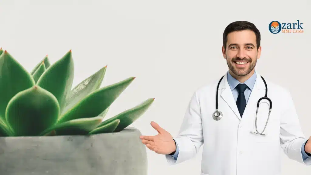 Medical Marijuana Doctor in Fort Myers smiling confidently beside a green plant with the Ozark MMJ Cards logo in the background.