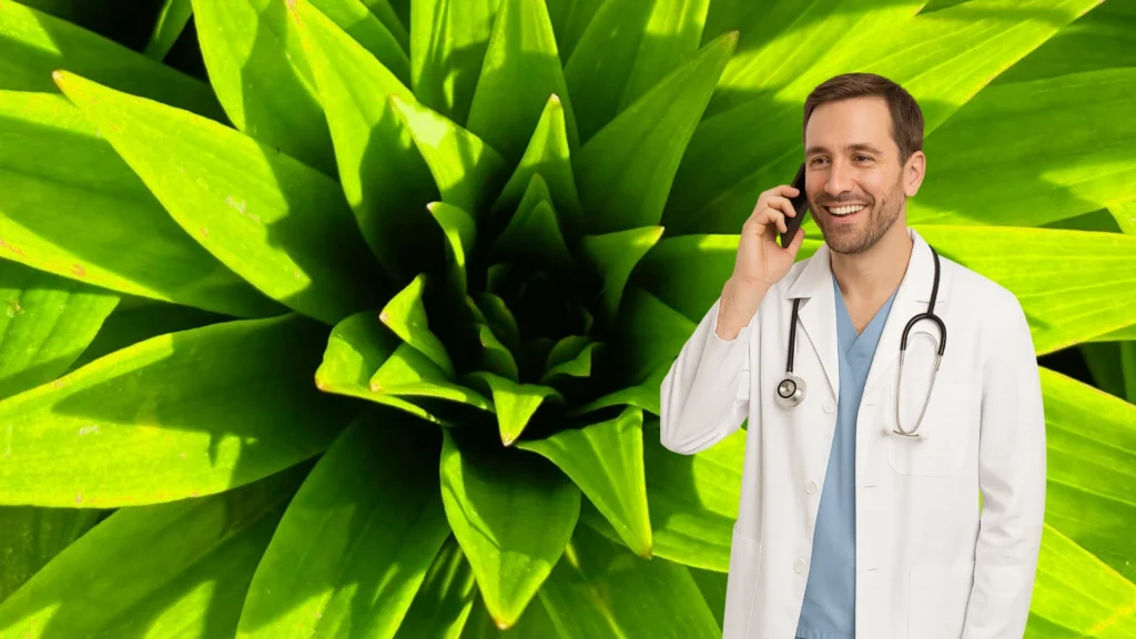 Medical Marijuana Doctor in Owasso speaking on the phone with a green cannabis leaf background.