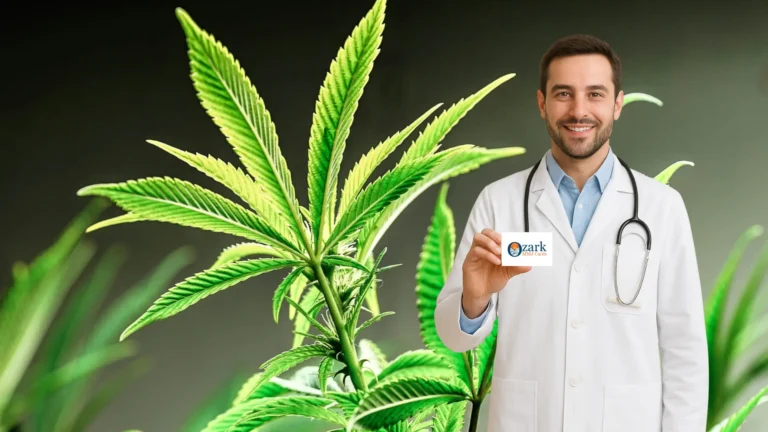 Medical Marijuana Doctor in Riverside holding an Ozark MMJ Cards ID with cannabis plants in the background.