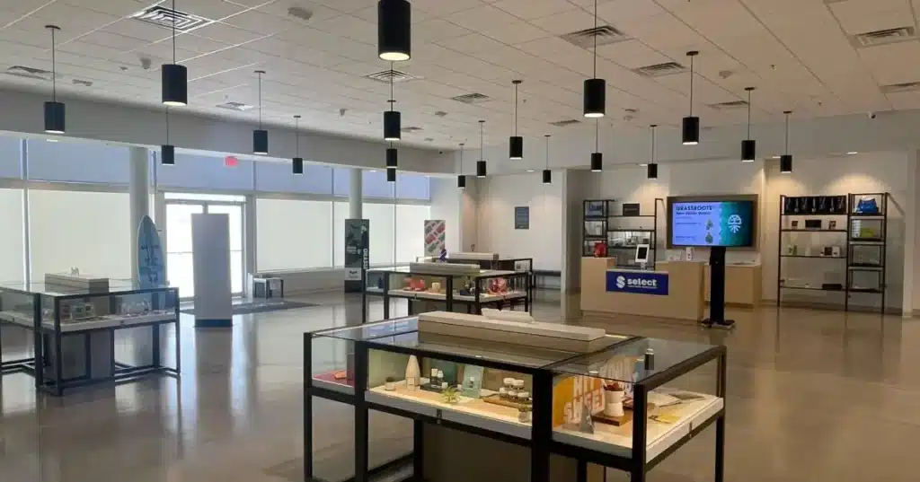 Interior of a medical marijuana dispensary in Florida featuring Curaleaf Largo product displays and patient service area.