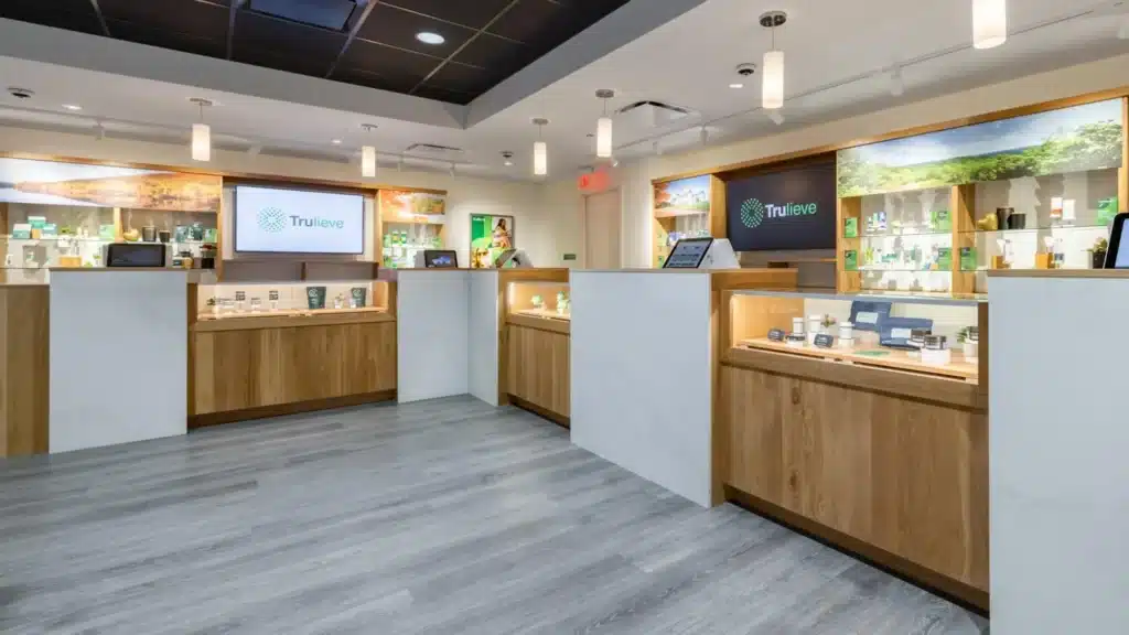 Interior view of the Trulieve medical marijuana dispensary in Clearwater, Florida showing the patient service area and product displays.
