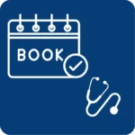A blue square icon featuring a white line-art graphic of a calendar with the word "BOOK" on it, a small circular checkmark badge, and a stethoscope in the bottom right corner, representing a booked medical appointment.