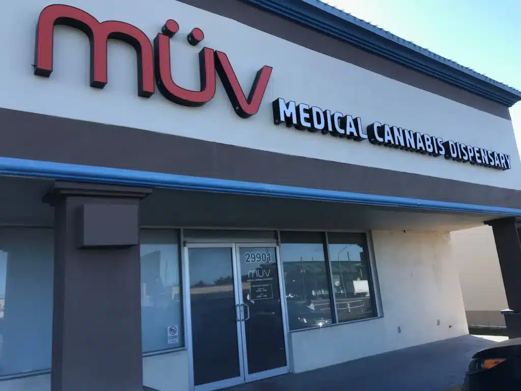 Exterior of MÜV Clearwater medical marijuana dispensary in Florida with storefront signage and entrance.