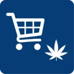 A blue square icon containing a white line-art graphic of a shopping cart with a small cannabis leaf icon positioned in the bottom right corner, representing an online cannabis dispensary store or cart feature.
