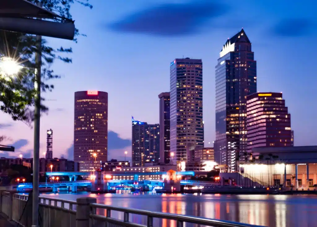 Scenic evening view of downtown Tampa skyline along the waterfront, used for a Medical Marijuana Card Renewal Tampa clinic page.