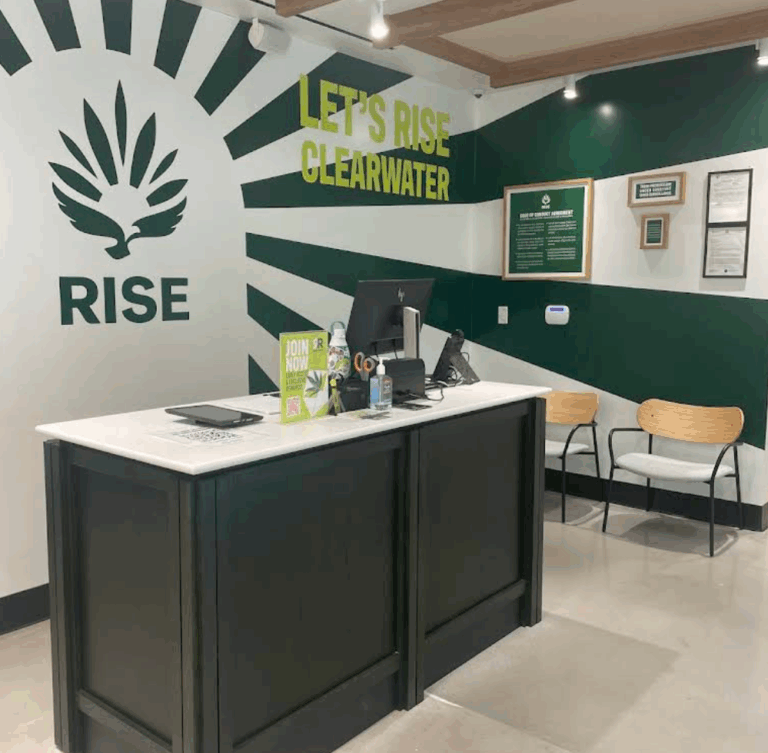 Interior of Rise Dispensary Clearwater showing the reception area, highlighting a trusted medical marijuana dispensary in Florida.