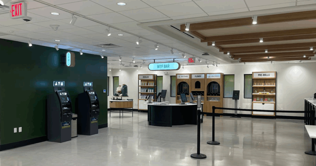 Interior view of Rise Dispensary Clearwater showcasing a modern medical marijuana dispensary in Florida with organized product sections.