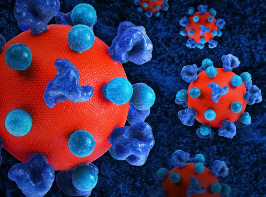 Cure for HIV concept image showing a detailed illustration of HIV virus particles at the cellular level.
