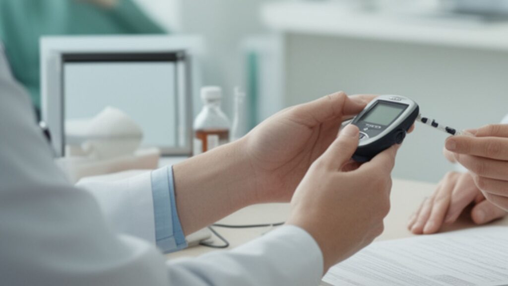 Healthcare professional checking a patient’s blood sugar level during an exam, related to the question Can Diabetes Be Cured?