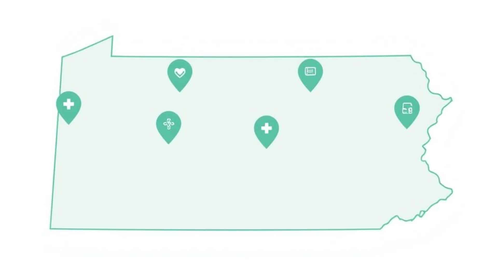 Map of Pennsylvania highlighting healthcare and medical access locations across the state.