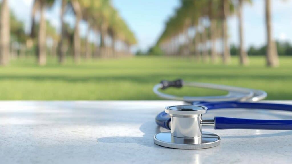 Stethoscope on a table with a sunny Florida outdoor background representing how to get a medical marijuana card in Florida same day.Stethoscope on a table with a sunny Florida outdoor background representing how to get a medical marijuana card in Florida same day.