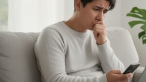 Person experiencing stress and anxiety while checking their phone, illustrating concerns about How Long Does Cannabis-Induced Anxiety Last.