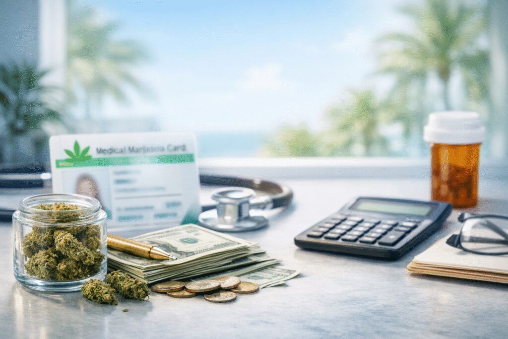 Medical marijuana card, cannabis flower, cash, and calculator illustrating what is the cost of a medical marijuana card in Florida.