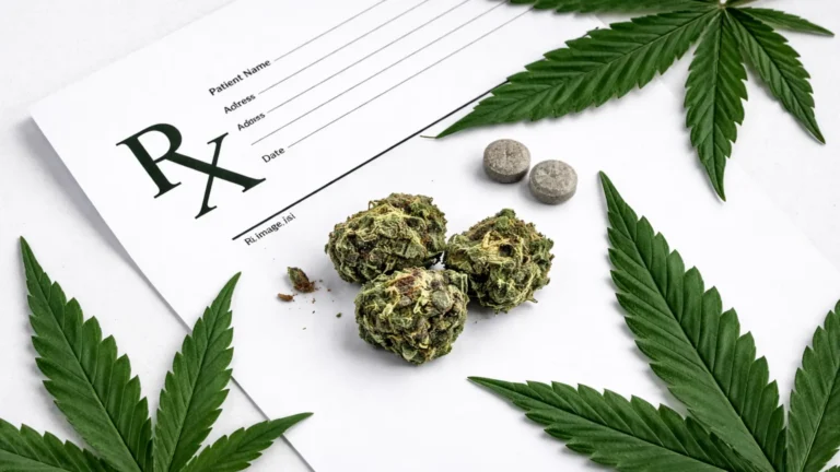 Dried marijuana and pills next to cannabis leaves on prescription pad for medical marijuana card at Ozark MMJ Cards