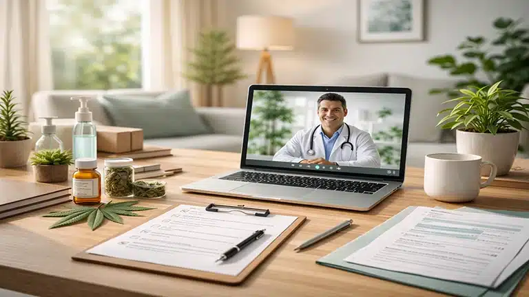 Online doctor consultation for obtaining a medical marijuana card in Arkansas with forms and cannabis products on desk
