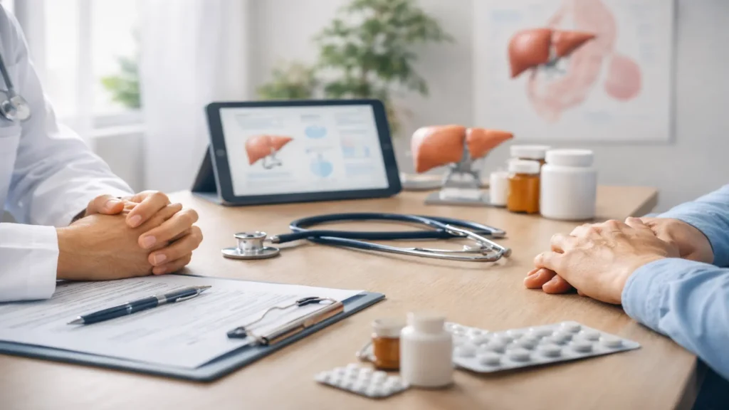 Doctor discussing liver health and treatment options while explaining is Hepatitis C curable