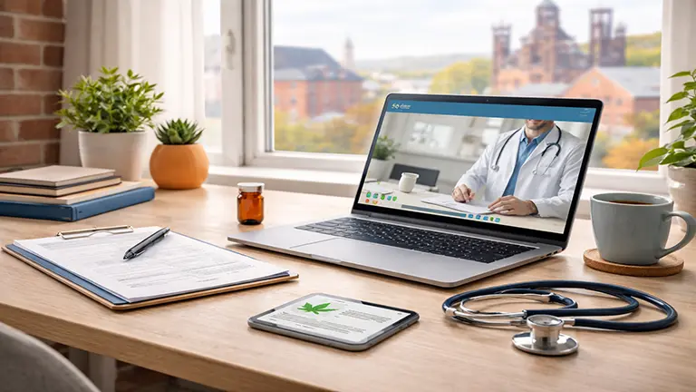 A laptop on a wooden desk showing a telehealth consultation with a doctor, optimized for getting a medical marijuana card in Bethlehem. A stethoscope, clipboard, and smartphone are visible on the desk.