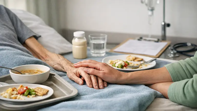 Caregiver holding a patient’s hand in a hospital setting illustrating what is cachexia