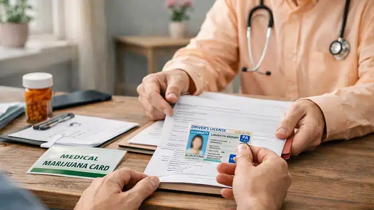 Patient providing ID and paperwork during an appointment for an MMJ card in Pennsylvania