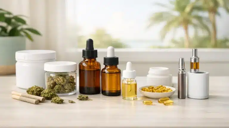 Various cannabis products including oils, capsules, flower, and vape devices for Florida medical marijuana patients