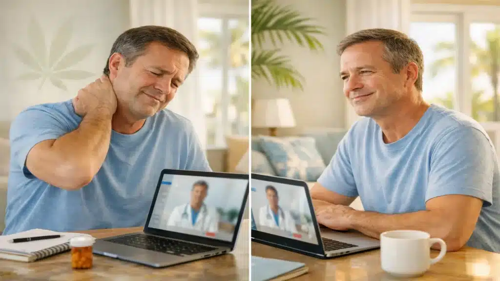 Man experiencing chronic neck pain during a telehealth consultation for a medical marijuana card in Florida