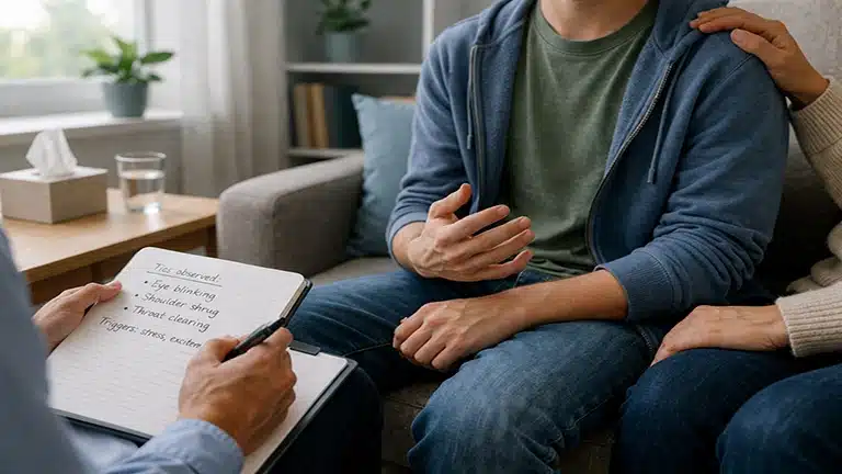 Patient discussing Tourette’s syndrome symptoms with doctor during consultation session
