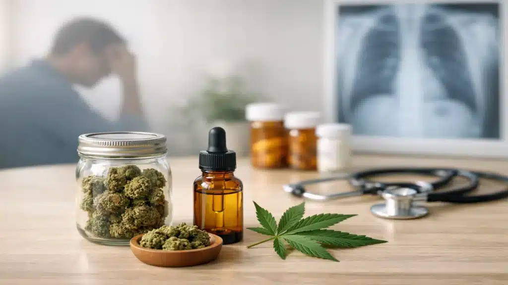 Medical cannabis products, a lung X-ray, and a blurred patient, illustrating a Qualifying Condition for Medical Card in PA.