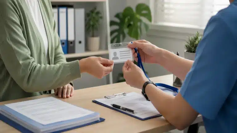 Patient receiving identification badge from staff for Medical Marijuana caregiver registration process