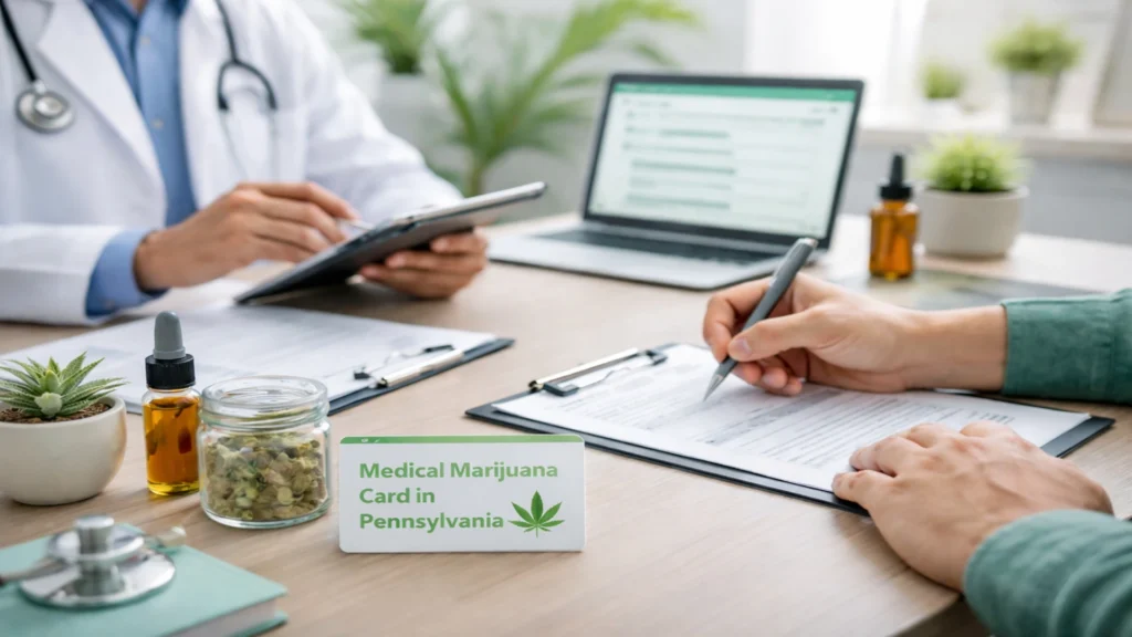 Patient filling out paperwork with doctor for how to get a medical marijuana card in Pennsylvania