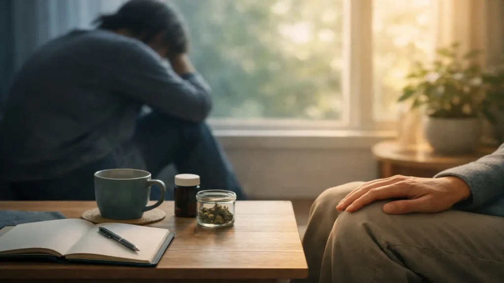 Person sitting in distress near a window with journal and cannabis products, representing stages of depression and potential treatment options