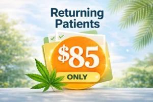 Florida MMJ card renewal for returning patients $85 promotion graphic with cannabis leaf