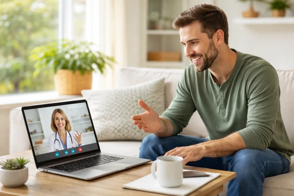 Patient speaking with a doctor via telehealth for switching medical marijuana doctors in Florida