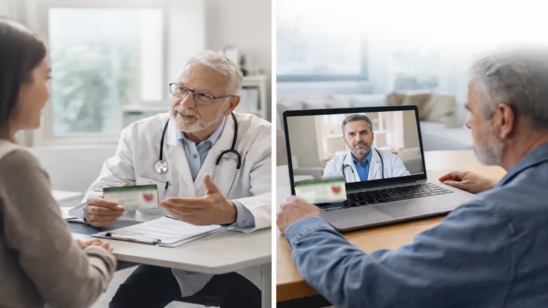 Telemedicine appointment on laptop compared with in-person doctor consultation in Arkansas