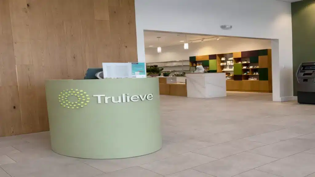 Trulieve Tampa dispensary interior on Busch Blvd showing reception area and product displays, highlighting a Medical Marijuana Dispensary in Florida.