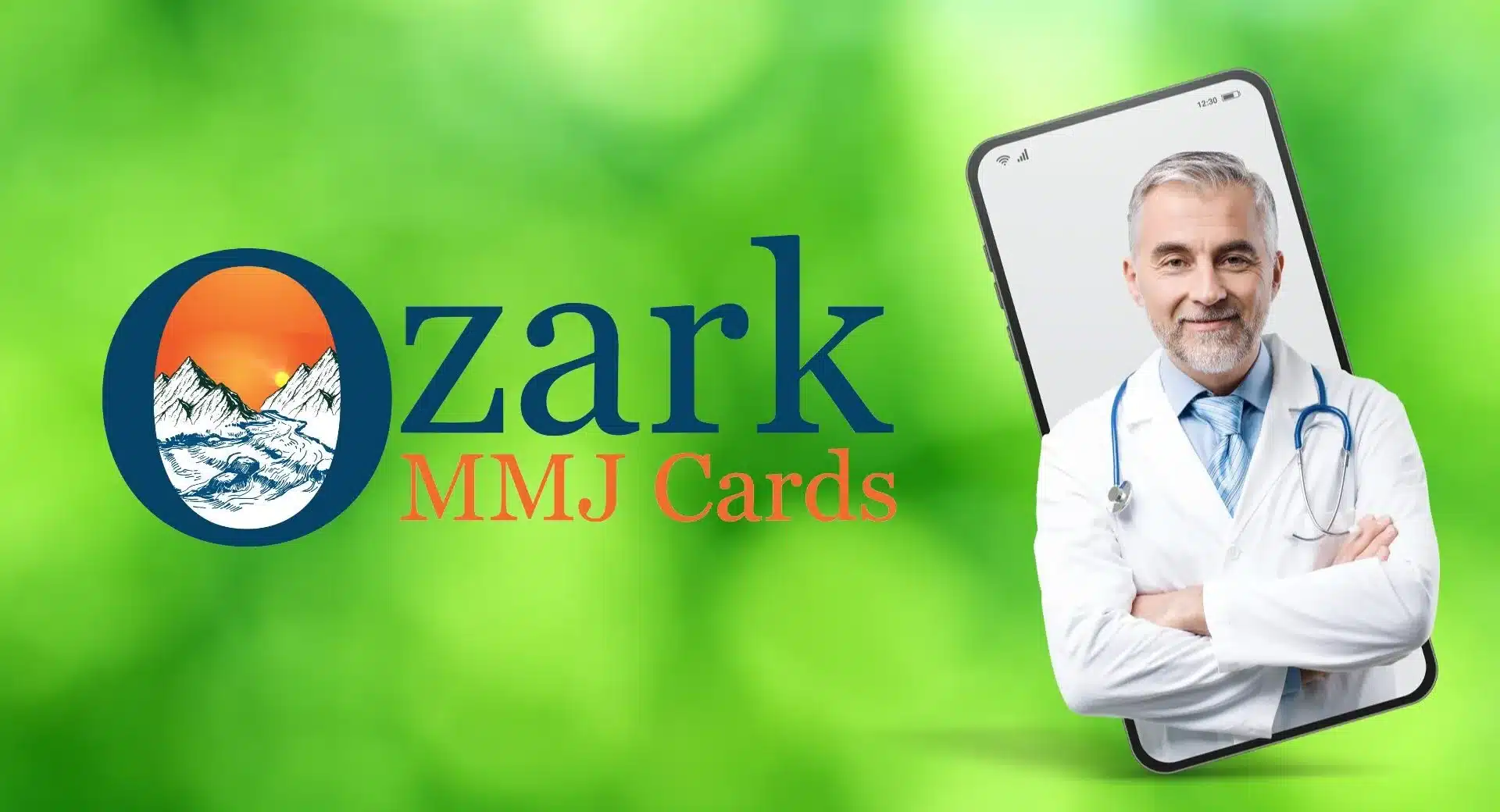 Ozark MMJ Cards logo with doctor on mobile screen representing telehealth medical marijuana consultations