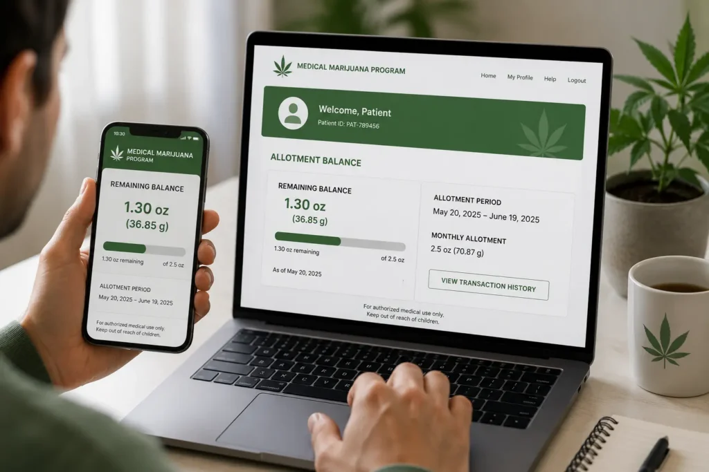 Patient checking medical marijuana allotment balance on a laptop and smartphone through an online patient portal