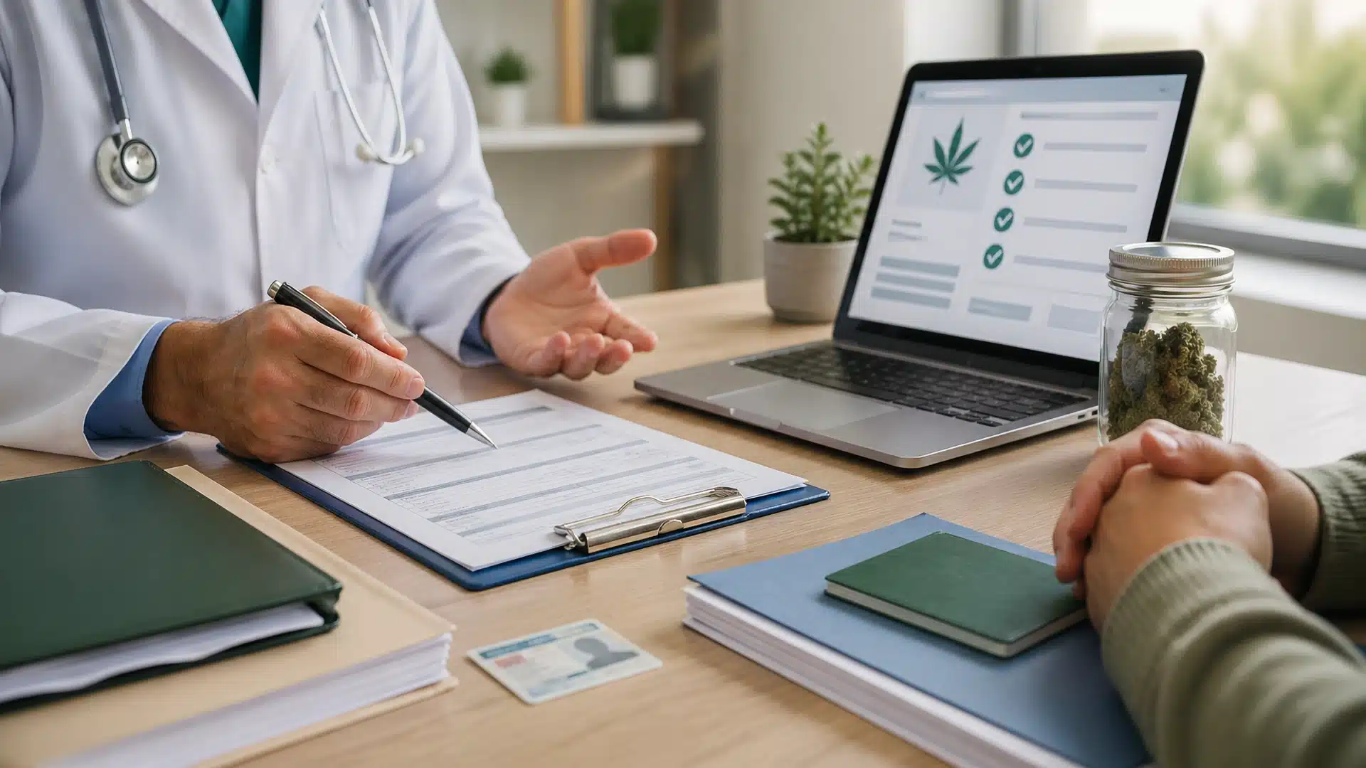 Doctor reviewing documents with patient for a medical marijuana card application during consultation