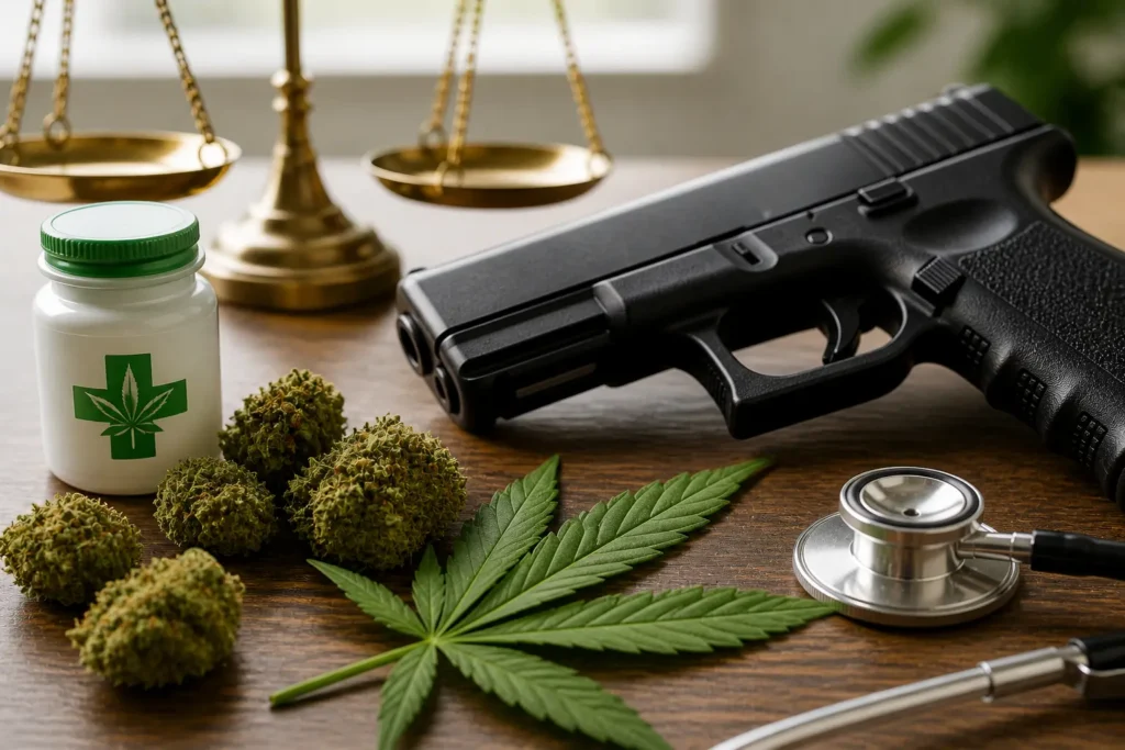 Handgun with medical marijuana container and cannabis buds on table illustrating laws about owning a gun and medical marijuana