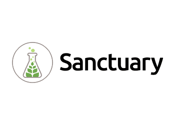 Sanctuary logo featuring a circular icon on the left with a laboratory flask containing a green plant, next to the word "Sanctuary" written in black text on a clean white background.