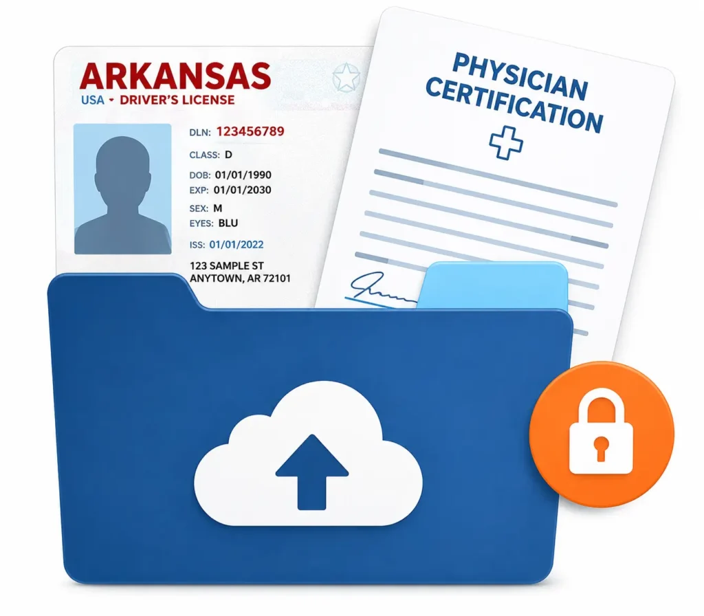 Secure online upload portal for an Arkansas medical marijuana card application, showing a mock Arkansas driver's license and a signed physician certification form going into a blue digital file folder with a cloud upload icon and a secure lock symbol.