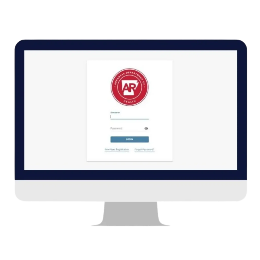 The online login portal for the Arkansas Department of Health medical marijuana system, displayed on a digital screen with fields for username, password, and registration links.