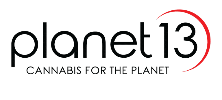 Planet 13 logo in black text on a light orange background, featuring a red crescent arc curving around the number 13 and the tagline "CANNABIS FOR THE PLANET" underneath.