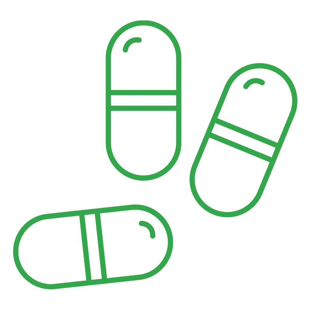 Green line icon of medical pills and capsules labeled "Capsules" representing oral medical marijuana options.